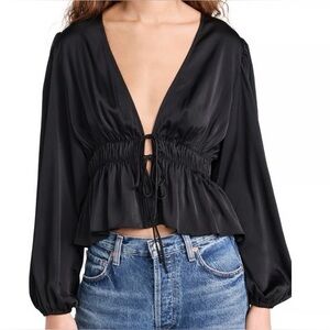 WAYF Blouse Top Tie Front Ruched Peplum Size Large Black Whimsy Goth